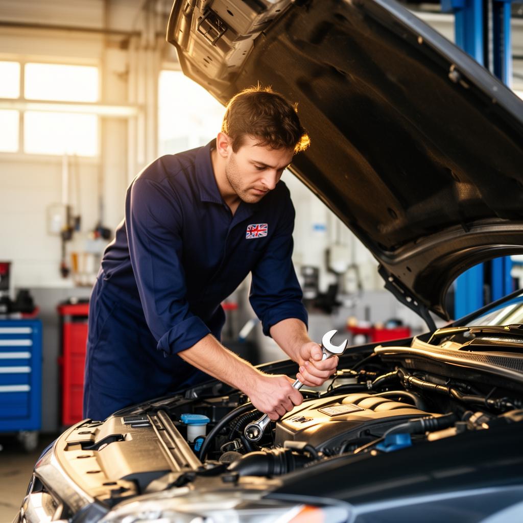 UK car mechanic working on an engine in a modern garage